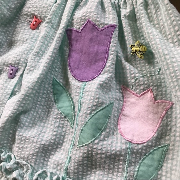 Vintage 12 Month Old Baby girl Dress Green Gingham Tulip Appliqué Lace Ruffles - Picture 2 of 6